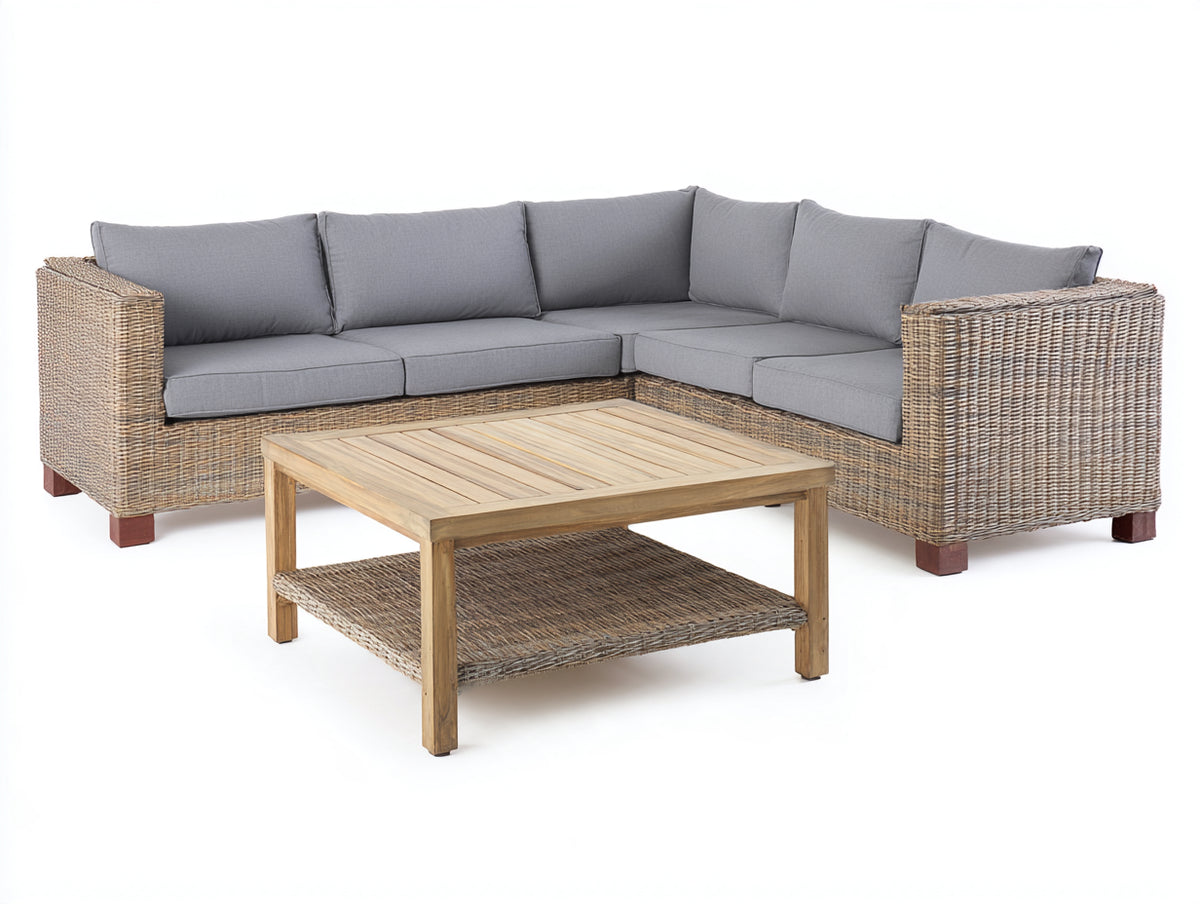 Divani da esterno - Rattan-Legno-Tessuto - lunghezza 255cm x larghezza 255cm x altezza 76cm - Marrone chiaro-Grigio - Stile moderno