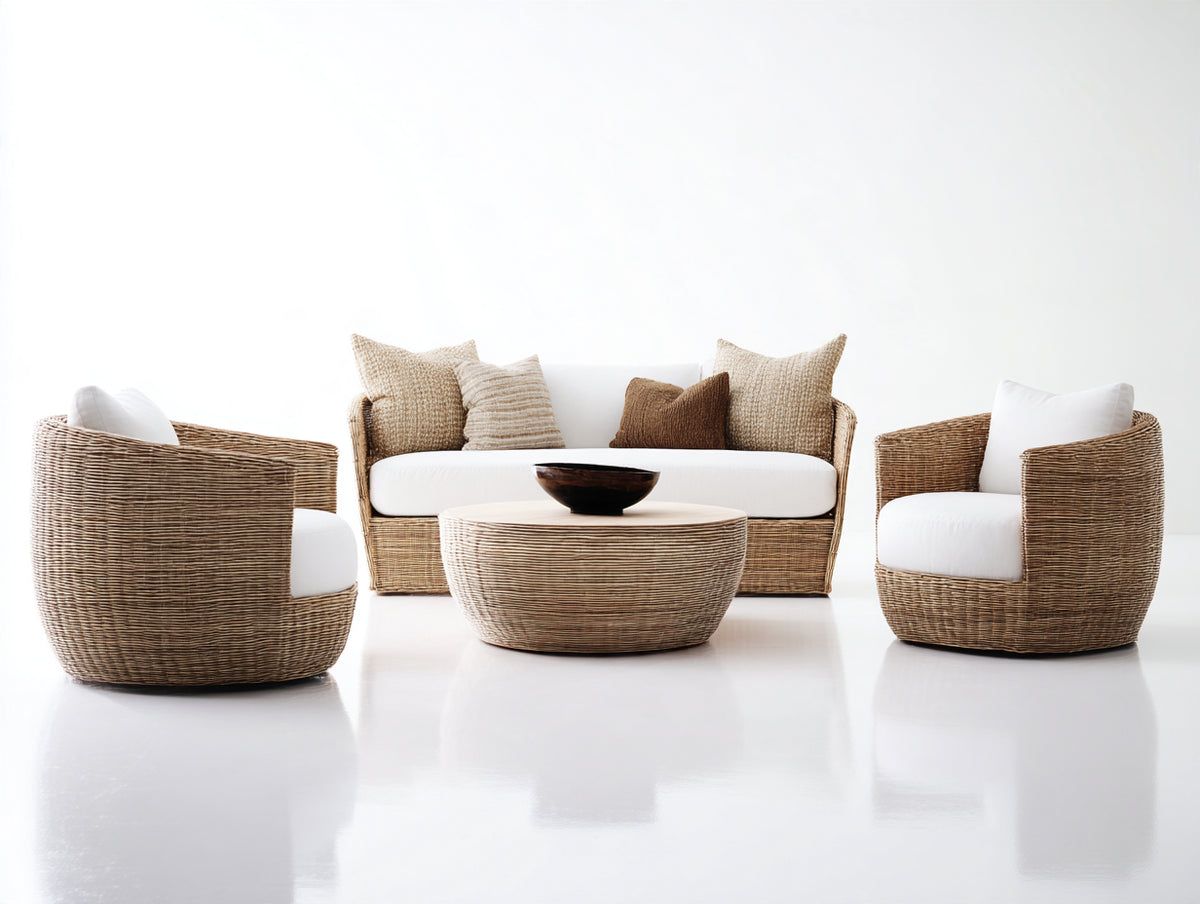 Divani da esterno - Rattan-Tessuto - lunghezza 190cm x larghezza 82cm x altezza 76cm - Marrone chiaro-Bianco - Stile moderno