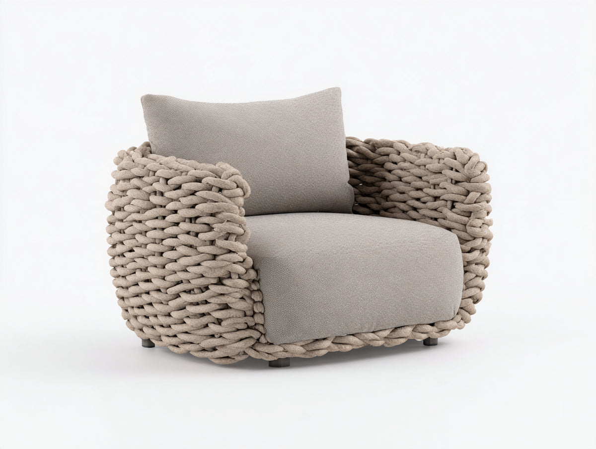 Poltrona da giardino - Corda intrecciata-Tessuto - 108 x 98 x 76 cm - Tortora-Beige chiaro - Design moderno avvolgente