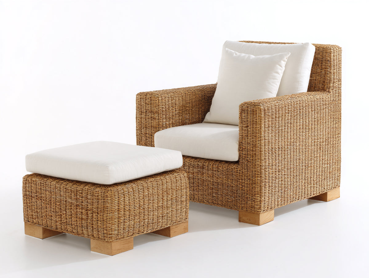Poltrona da giardino - Fibra intrecciata-Tessuto - 98 x 92 x 91 cm - Marrone naturale-Bianco crema - Design moderno naturale