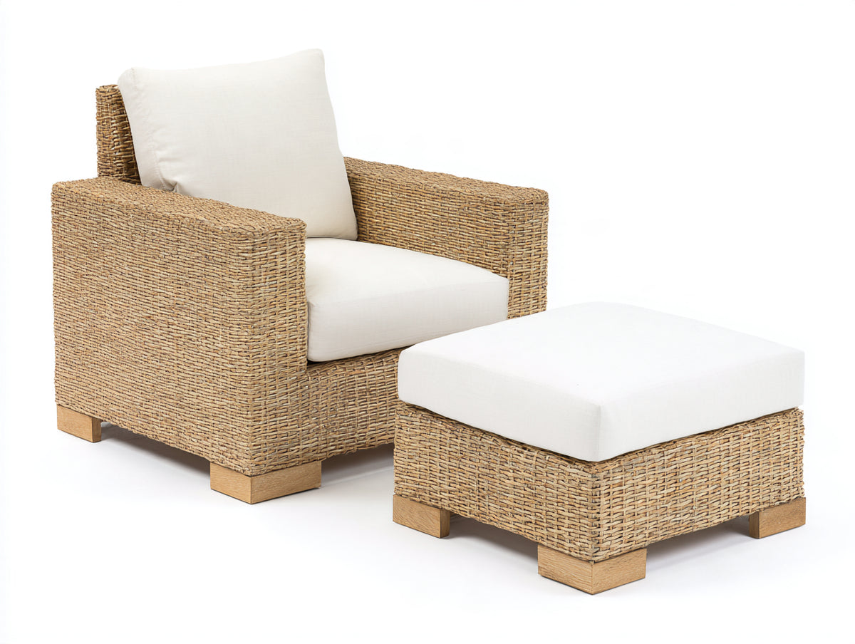 Poltrona da giardino - Fibra intrecciata-Tessuto - 94 x 88 x 90 cm - Marrone naturale-Bianco crema - Design moderno naturale