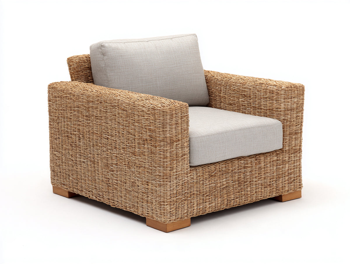 Poltrona da giardino - Fibra intrecciata-Tessuto - 96 x 89 x 79 cm - Marrone naturale-Beige chiaro - Design moderno naturale