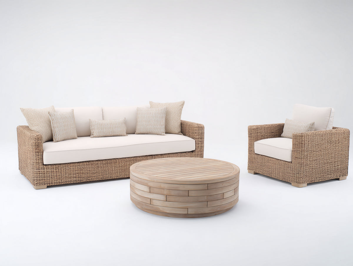 Divani da esterno - Rattan-Legno-Tessuto - lunghezza 200cm x larghezza 84cm x altezza 77cm - Marrone chiaro-Bianco - Stile naturale